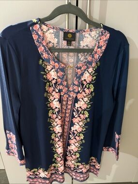 Collection B Navy Tunic with Pink Floral Trim